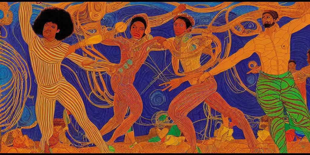 Prompt: an afrofuture space station background, portrait of a multiracial greek god dancing. 2 4 mm, photorealistic, muted color scheme, directed by mati klarwein and picasso