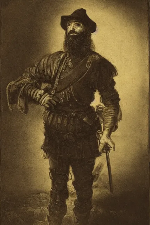 Prompt: portrait of a rugged young man, jewish soldier. thin black beard, worn leather armour. cinematic lighting, highly detailed, full body shot. slender. In the style of rembrandt.