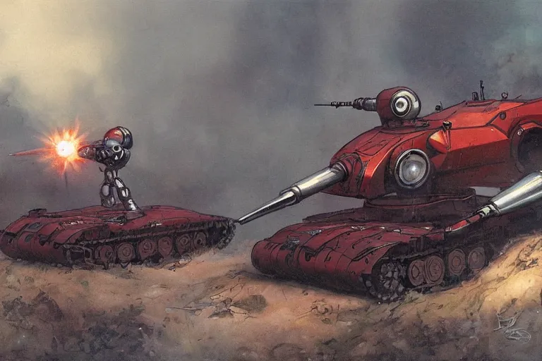 Image similar to 1 9 5 0's retro future robot android battle tank, dramatic moment, muted colors by jean baptiste monge, chrome red,