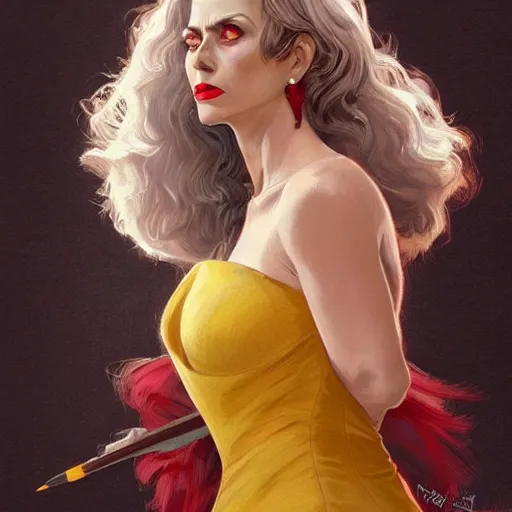 Prompt: attractive middle-aged witch, foxy, sharp features, big grey hair, yellow eyes, red lipstick, sleeveless red dress, highly detailed, digital painting, artstation, concept art, smooth, sharp focus, beautiful face, expressive eyes, illustration, art by Artgerm and greg rutkowski and alphonse mucha