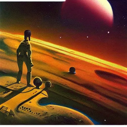 Image similar to oil painting of “the first explorers on Venus” vintage scifi art by Vincent Di Fate