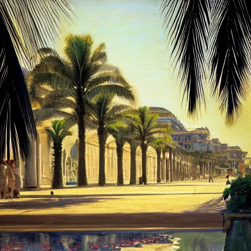 Image similar to a ultradetailed beautiful painting of the amazonas palace balustrade designed by jules bastien - lepage, hans belmer, frank weston and gustave baumann, beach, trending on artstation, mediterranean, palm trees, refracted color sparkles, sharp focus, soft light, 8 k 4 k