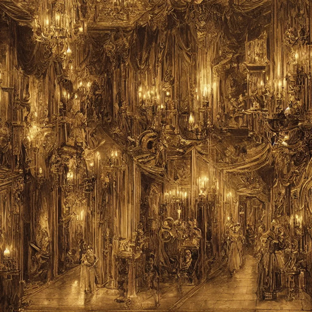 Prompt: the corridor, lined with gilded stand - lamps whose flames flickered in errant drafts that stirred tapestries of ships and the sea, was empty except for a few liveried palace servants, scurrying on early tasks, who thought deep bows and curtsies sufficient.