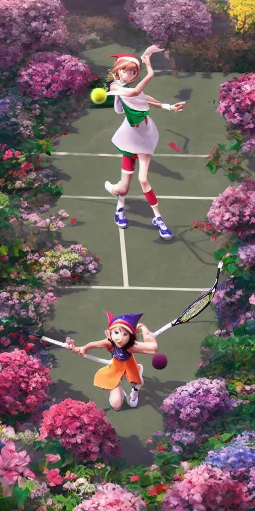 Image similar to An elf playing tennis on a tennis court made of flowers,Japanese anime style, gorgeous atmosphere, full of details, matte painting, concept art, smooth, by Shinkai Makoto and Ina Wong and wlop ，trending on cgsociety and artstation，8kHDR，light effect