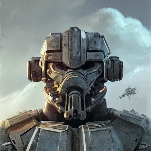 Image similar to majestic, hulking albino clone with engineering diagram tattoos on forehead and rough features, angular steel aztec power armor, on battlefield with strange coiled, spiral clouds, concept art by deak ferrand, greg rutkowski and carvaggio