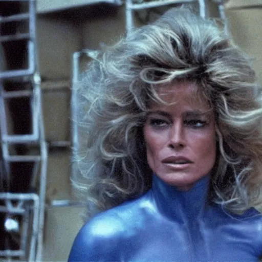 Image similar to movie still, 1 9 8 0 s, sci - fi farrah fawcett in combat suit, hyperdetailed, by ridley scott, john carpenter and vittorio storaro, blue lights