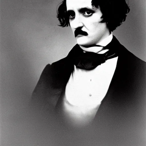 Prompt: Edgar Allan Poe in goth clothing and makeup. Realistic, vintage photo.