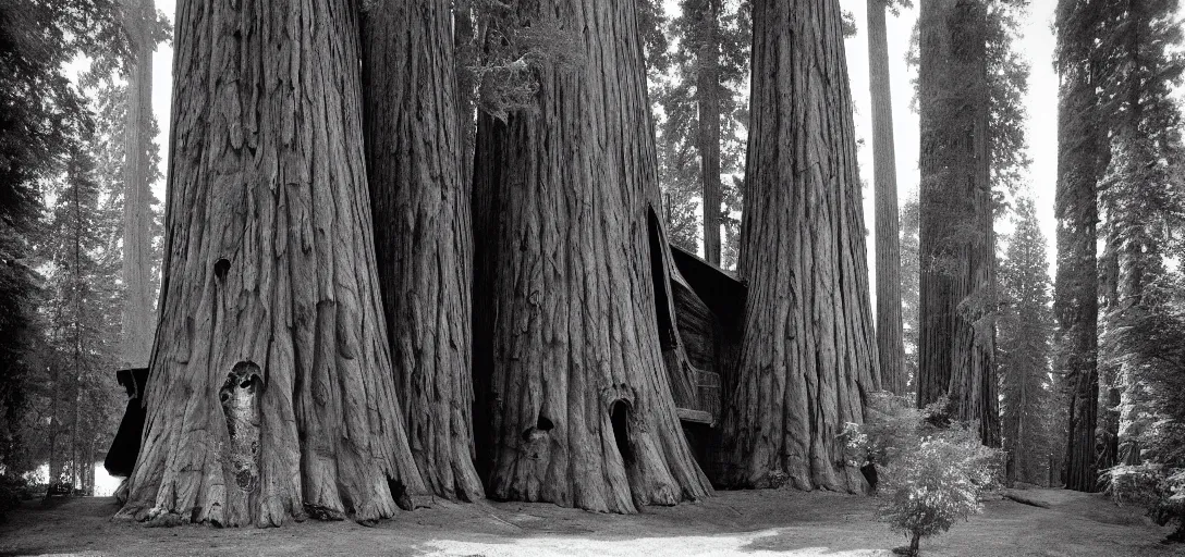 Image similar to house built into and inside a single giant sequoia. photograph by jerry uelsmann.