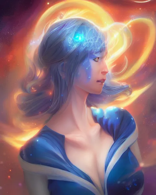 Image similar to A realistic anime portrait of a beautiful cosmic woman with glowing blue eyes and cosmic skin wearing clothes made of universes, digital painting, by Stanley Artgerm Lau, Sakimichan, WLOP and Rossdraws, digtial painting, trending on ArtStation, SFW version