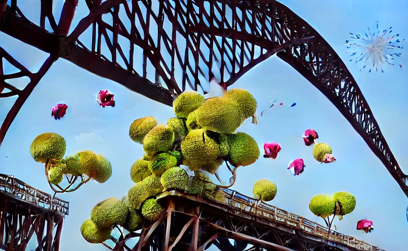 Prompt: explosions in the form of realistic cotton plants hit big harbour bridge, smooth, sharp focus, 3 d octane render, epic lighting, 8 k, by goro fujita