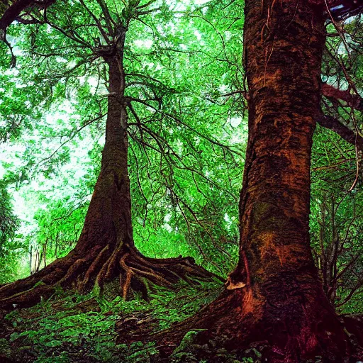 Image similar to photo of a tree on a forest landscape, disposable camera,