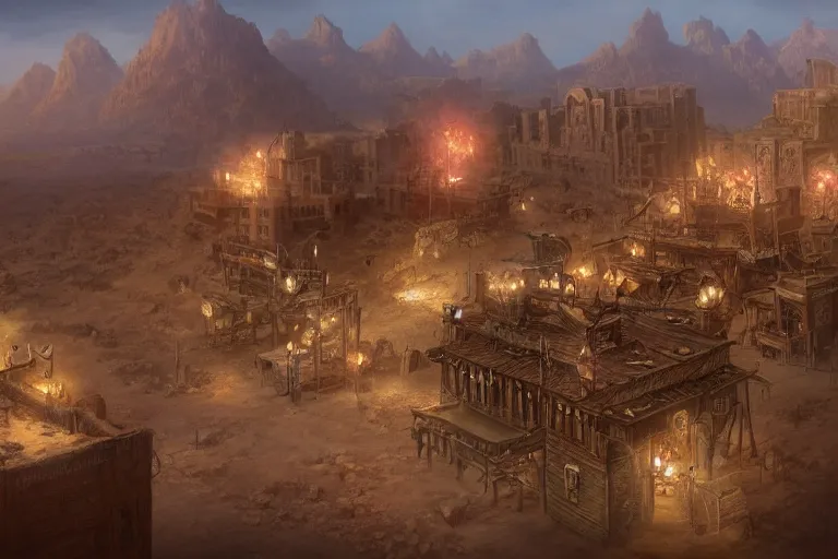 Prompt: an intricate matte painting of top down wild west city in desert rpg battle map,very clear image, no blur, by Christophe Vacher and Bastien Lecouffe-Deharme, trending on artstation