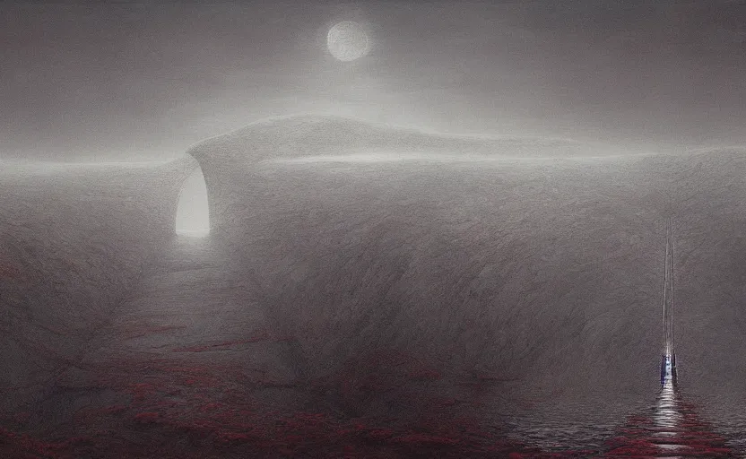 Prompt: A bridge over an endless abyss, Zdzislaw Beksinski, digital art