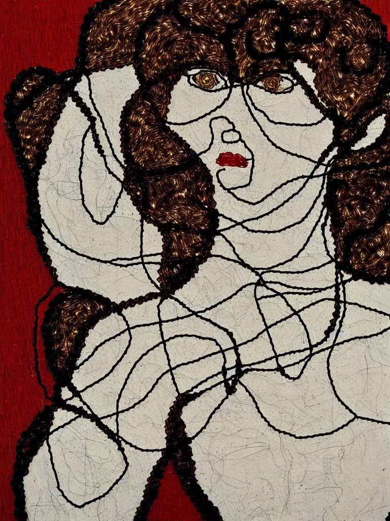 Image similar to metal wire art about an elegant woman. portrait influenced by egon schiele.