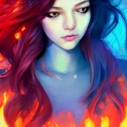 Prompt: half - flame frostcore woman with cute - fine - face, pretty face, multicolored hair, realistic shaded perfect face, extremely fine details, fine details, by realistic shaded lighting poster by ilya kuvshinov katsuhiro otomo, magali villeneuve, artgerm, jeremy lipkin and michael garmash and rob rey