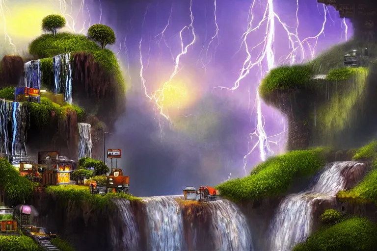 Prompt: waterfall favela honeybee hive, mission environment, lightning, industrial factory, award winning art, epic dreamlike fantasy landscape, ultra realistic,