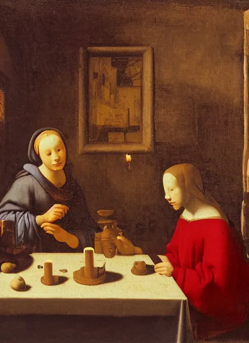 Image similar to a candlelit table at the inn, evening, dark room, two young people sitting at the table, swirling smoke, dark smoke, realistic, in the style of leonardo da vinci, dutch golden age, amsterdam, medieval painting by jan van eyck, johannes vermeer, florence