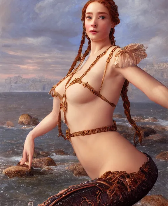 Prompt: a detailed hyperrealistic renaissance mermaid wearing an a intricate beautiful thick leather garters set, honey birdette, realistic renaissance portrait, highly detailed, digital painting, artstation, concept art, smooth, sharp focus, cinematic lighting, art by artgerm and wlop and jules joseph lefebvre and john maler collier, ilya kuvshinov