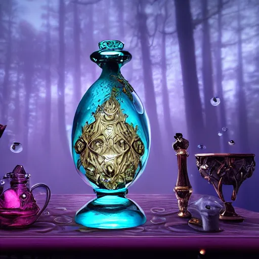 Image similar to A curvy and extravagant potion bottle on an ornate cluttered desk. The potion bottle is filled with sparkling, bright, and glowing swirling liquid. The potion has smoke coming out of it. Magic is everywhere. A window showing a forest is also visible. Octane & Unreal Engine 4 & f1.4 Photography.
