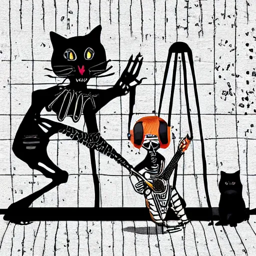 Image similar to skeleton wearing headphones watching girl playing guitar with her black cat standing next to her, digital art