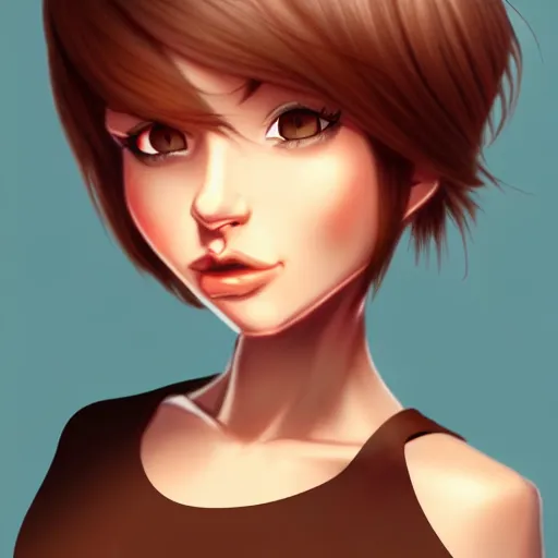 Image similar to animation character design girl, handrawn dynamic pose, french bob hair, short hair, brown eyes, realistic, 4 k!!!, art station