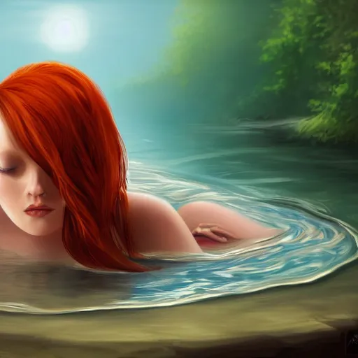 Image similar to redhead beautiful girl bathing in a river, illustration, night moonlight, digital art, oil painting, fantasy, 8 k, trending on artstation, detailed