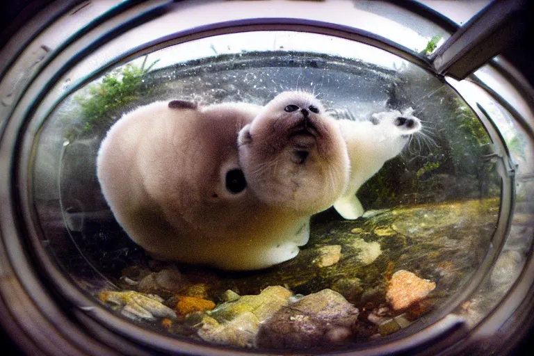 Image similar to “baby harp seals living in a terrarium, set in a mildly run down condo, 1996, photo, fish eye lens”