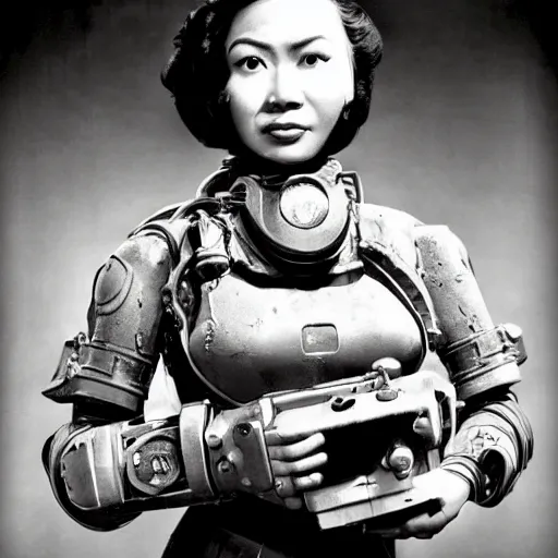 Image similar to A Filipino woman wearing Fallout 3 power armor, portrait, by Philippe Halsman