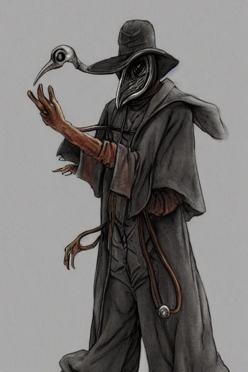 Prompt: a full body shot of a plague doctor by Tomohiro Shimoguchi, plague doctor mask ,wears worn pants, wears a plague doctor hat ,highly detailed, trending on artstation,manga