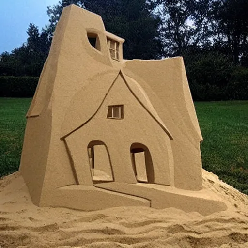 Prompt: A beautiful conceptual art of a broken-down house with a family living inside. sand sculpture by Chip Zdarsky rhythmic