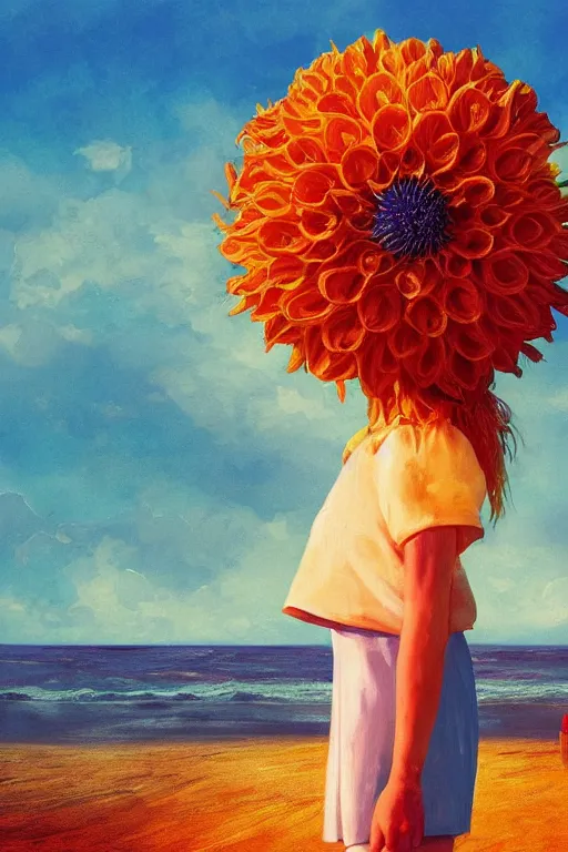 Image similar to closeup giant dahlia flower head, girl standing on beach, surreal photography, blue sky, sunrise, dramatic light, impressionist painting, digital painting, artstation, simon stalenhag