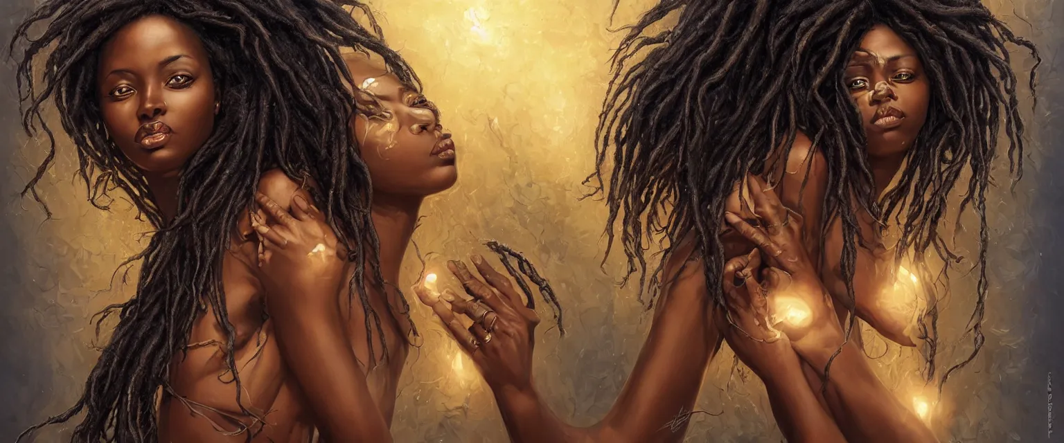 Prompt: a highly detailed symmetrical full body painting of a dark skinned beautiful black woman washing dreadlocks in dynamic lighting, ambient lighting, deviantart, art by artgerm and karol bak and mark brooks h