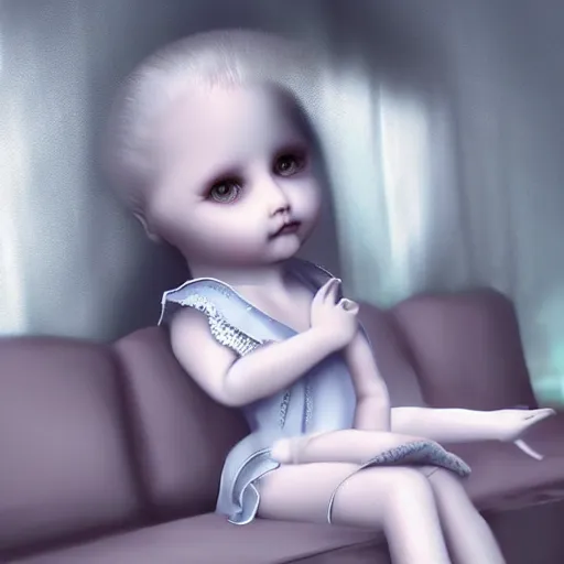 Prompt: porcelain doll sitting on a couch with a spirit trapped inside stares intently into the camera, endless gaze, nightmare digital art, artstation, ultra detailed, beautiful aesthetic art