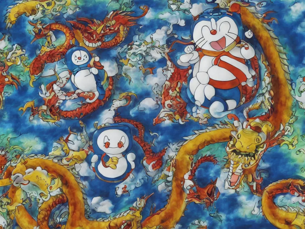 Image similar to A Doraemon Dorami Fractal Dragon statue, painted by Botero