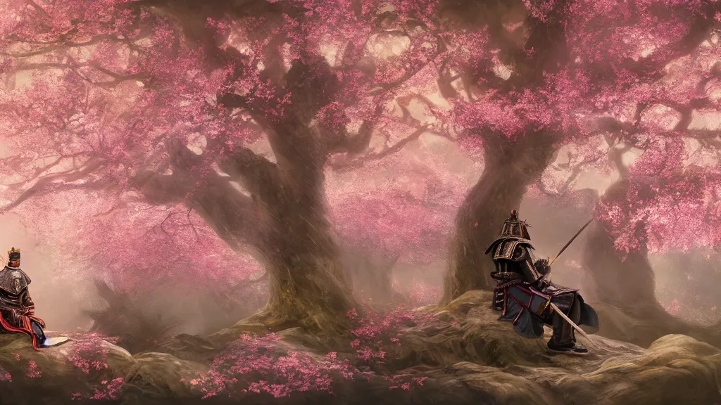 Image similar to beautiful painting of an armoured samurai meditating under a blossom tree, realistic, digital painting, concept art, matte painting, cinematic night lighting, 8 k, highly detailed, detailed terrain