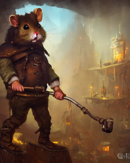Image similar to oil painting of anthropomorphized hamster holding drill, steampunk clothes, close shot, full body, dark steampunk mine shaft background, sharp focus, fantasy style, octane render, volumetric lighting, 8k high definition, by greg rutkowski, highly detailed, trending on art Station, dungeons and dragons artwork, centered