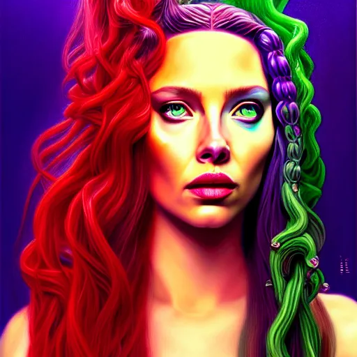 Image similar to an extremely psychedelic portrait of medusa as scarlett johanson, surreal, lsd, face, detailed, intricate, elegant, lithe, highly detailed, digital painting, artstation, concept art, smooth, sharp focus, illustration