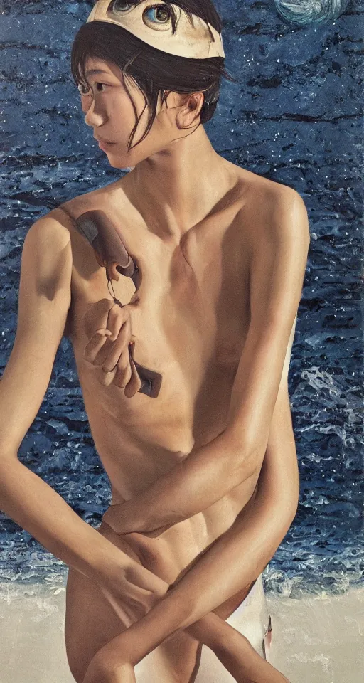 Prompt: one person, hyperrealism oil painting, portraits of duo female fashion model and simple man, melted cyborg, sense of mystery and loneliness, childhood memory, old artbook, ocean pattern and night sky, in style of classicism mixed with 70s japan book art
