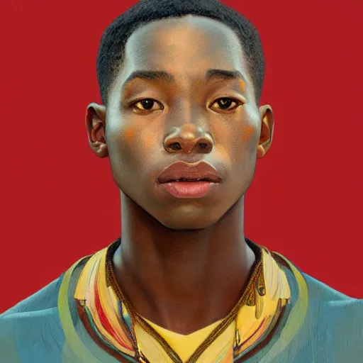 Image similar to colourful upper half - caricature - portrait of an african boy, art by hsiao - ron cheng & alphonse mucha, caricature, highly detailed, digital painting, ray tracing, concept art, illustration, smooth sharp focus, intricate, symmetry, artstation,