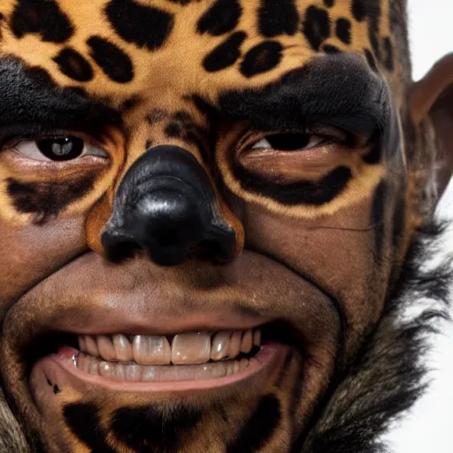 Prompt: a close up portrait of a man whose face is covered in leopard skin, bearing blooded teeth and looking menacing, soft studio lighting, sigma 85mm