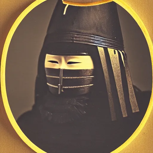 Image similar to a potrait of a samurai warrior taken in 1 6 3 0, in a circle, kodak 4 0 0, nft style, facing sideways, wearing an oni mask, grain, scretch, high quality, 8 k, photorealistic, real, old photo style