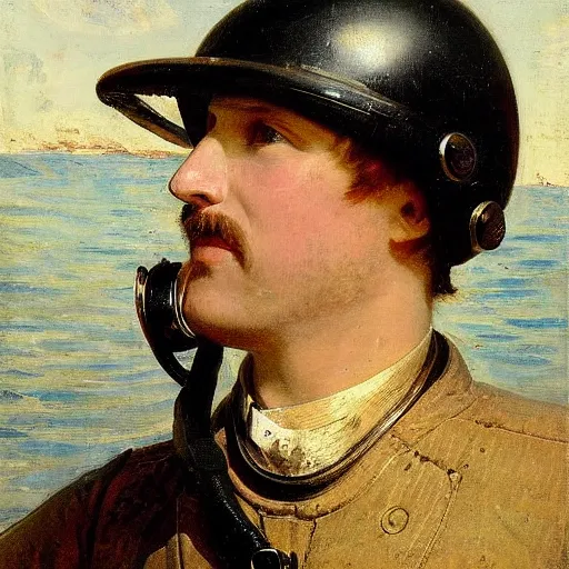 Prompt: portrait of a diver with an antique diving helmet by alfred stevens