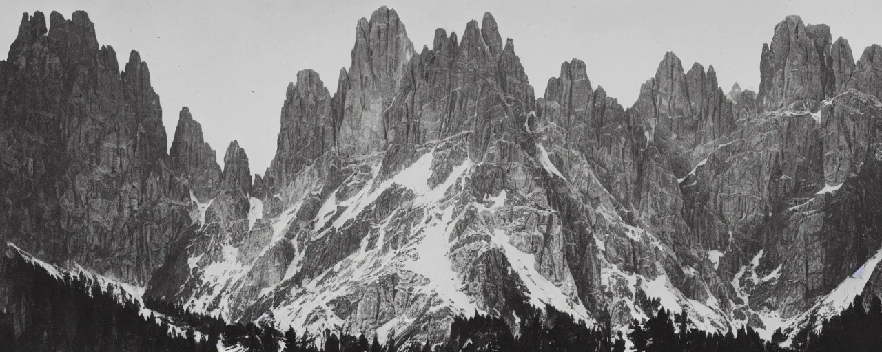 Image similar to 1920s photography of terrifying dolomites dark with occult signs