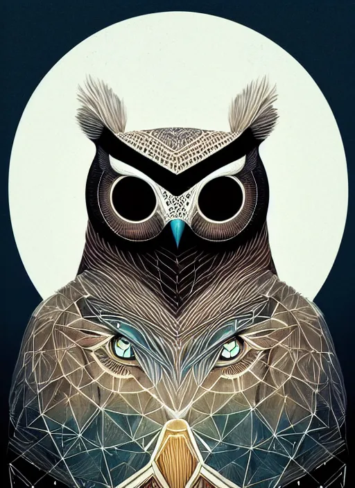 Image similar to portrait of a geometric owl, identical eyes, medium shot, illustration, full body made of white feathers, symmetrical, art stand, super detailed, cinematic lighting, and its detailed and intricate, gorgeous, by peter mohrbacher