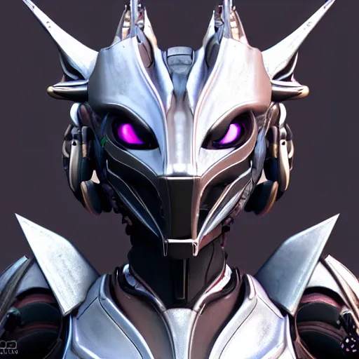 Image similar to close up bust of a cute stunning robot anthropomorphic female dragon, with sleek silver armor, a facial visor over the eyes, detailed digital art, furry art, anthro art, sci fi, warframe art, destiny art, high quality, 3D realistic, Furaffinity, Deviantart