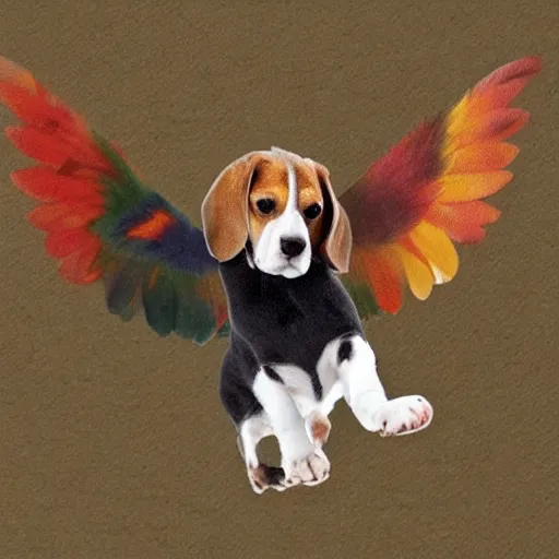 Image similar to a beagle flying in the sky using it's ears as wings, warm colors, cute