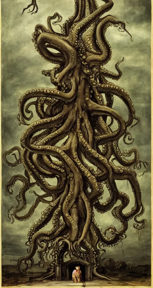 Image similar to mansion house of hungry giant octopus, standing on piles of limbs and bones, hyperrealistic, horror, gothic, lovecraftian, 4 k, realistic, high detail, gruesome, by francisco goya