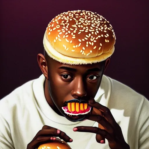 Image similar to portrait of tyler the creator eating hamburgers, extra onions and ketchup, luscious patty with sesame seeds, feminine ethereal, handsome, d & d, fantasy, intricate, elegant, highly detailed, digital painting, artstation, concept art, matte, sharp focus, illustration, art by artgerm and greg rutkowski and alphonse mucha