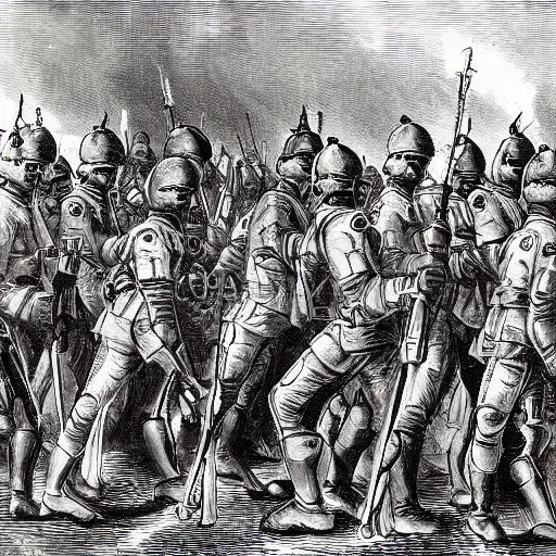 Prompt: 3 footsoldiers stand against a horde, illustration, beautiful