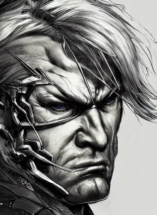 Image similar to close up portrait of raiden, metal gear rising, powerful, domineering, stoic, masterful, intense, ultrafine hyperdetailed illustration by kim jung gi, irakli nadar, intricate linework, sharp focus, octopath traveler, yoji shinkawa, highly rendered, detailed, concept art